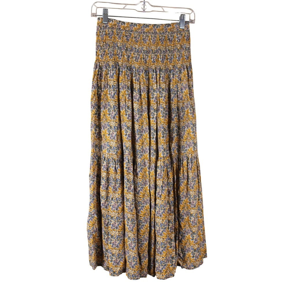 Natural Life Boho Peasant Prairie Earthy Yellow Smocked Floral Maxi Skirt